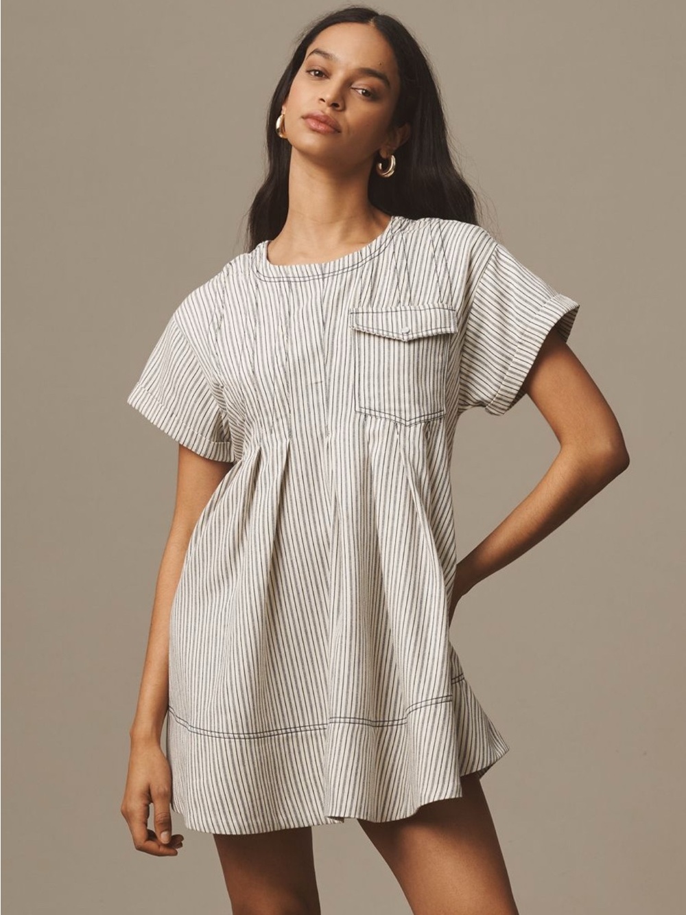 Anthropologie Women’s Pilcro Short-Sleeve Denim Mini Swing Dress with Pockets